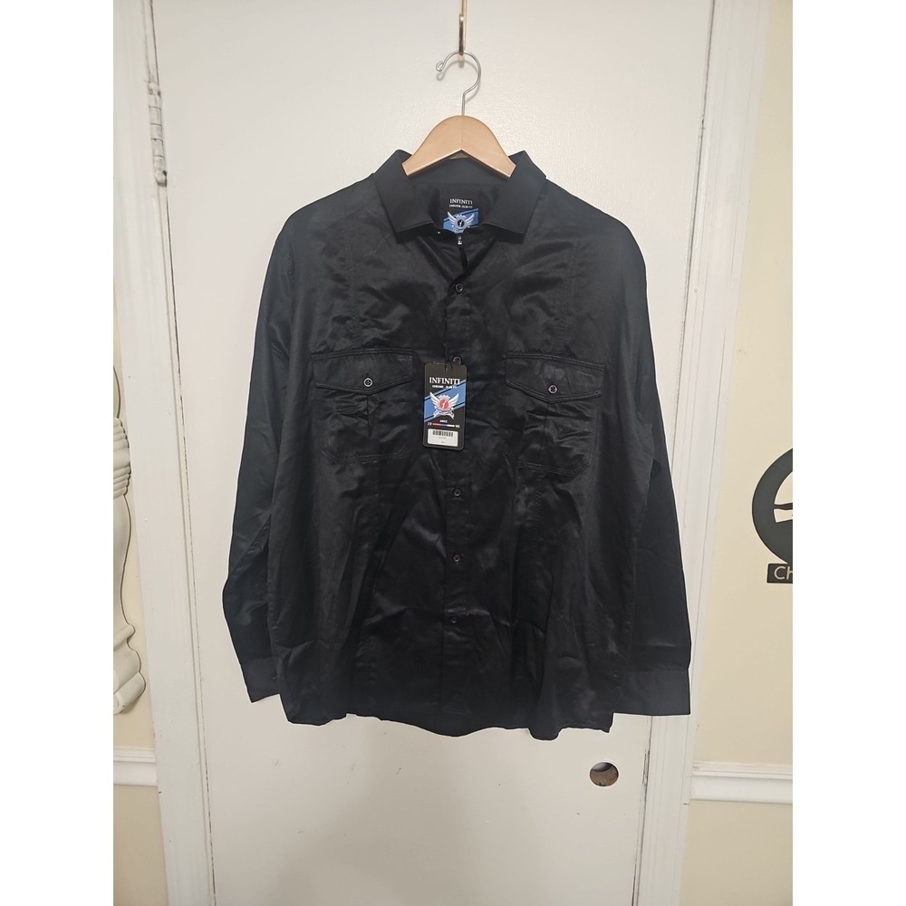 Infinity Mens Shirt Black Button-Up Stretch Point Collar Textured Lightweight
